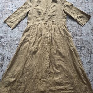 Jade Johnny Was Tan Button-Front Midi Dress with Eyelet Detail